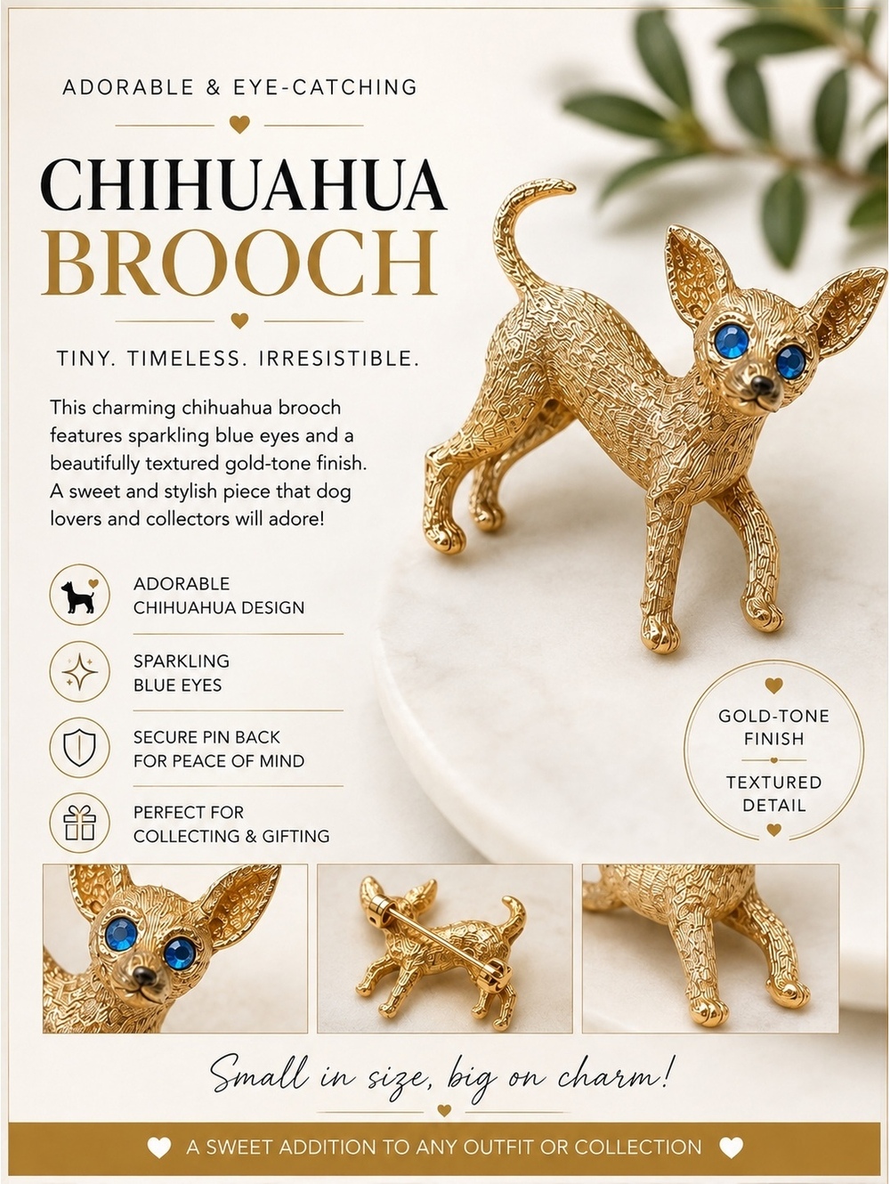 Chihuahua Brooch with Sparkling Blue Eyes and Gold-Tone Finish